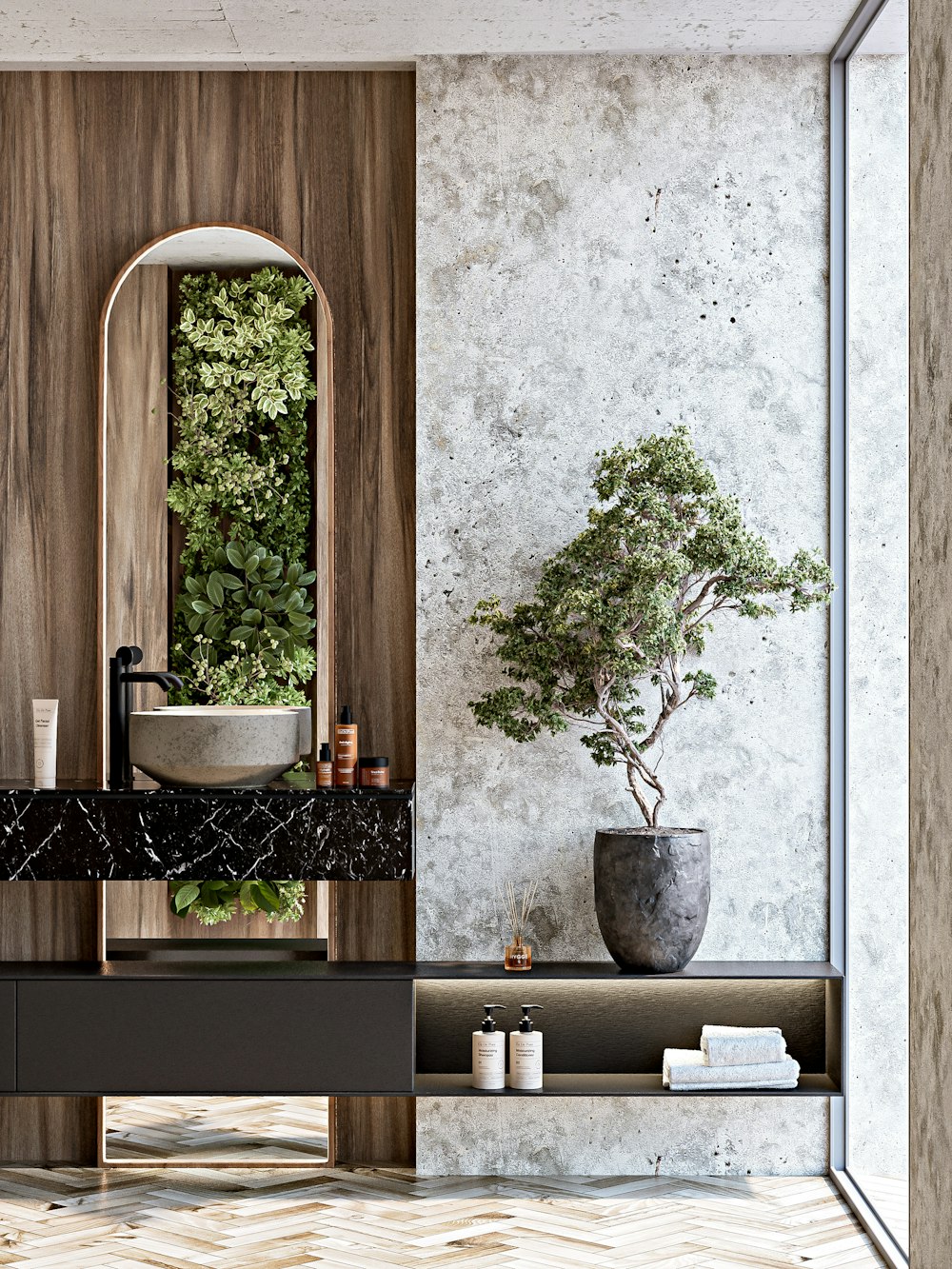 Clean, spa-like bathroom vanity with greenery