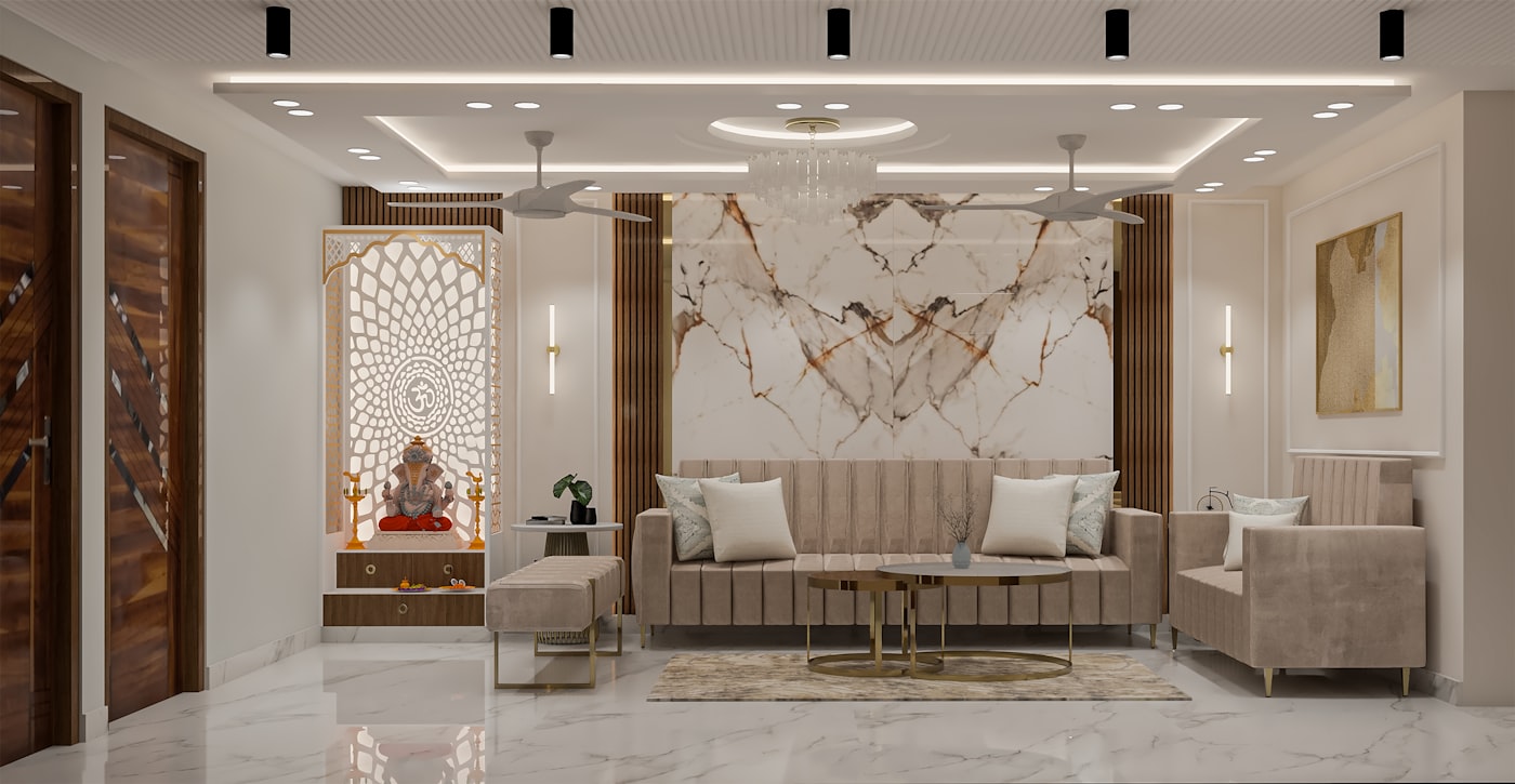 Bright, spotless living room with a marble feature wall