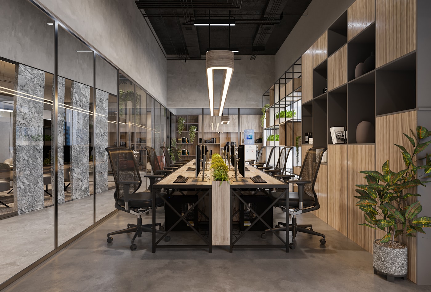 Clean, modern office with glass partitions and conference table